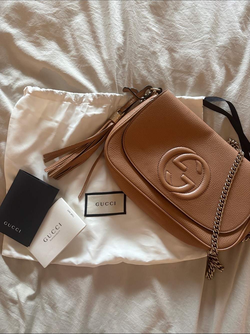 Gucci Tan Pebbled Leather Crossbody with Tassel and Chain